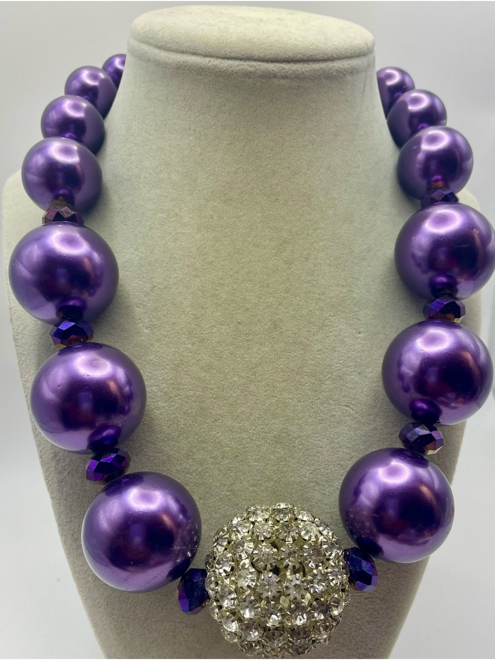 Purple Statement Pearl Necklace with Crystal Ball Center Accent. 20 inches